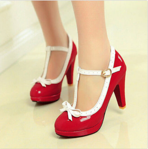 Womens T-Strap High Heels Bowtie Mary Janes Stylish Lolita Shoes Pumps