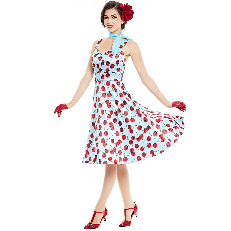 1950s Vintage Dress Style Floral Print Summer Cherry Rockabilly Women Party Dress