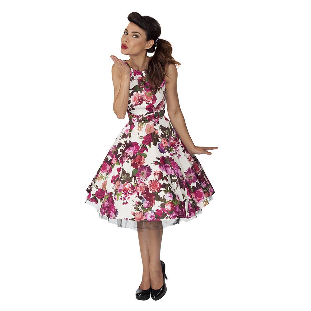 Cream White and Pink Floral Audrey 50s Swing Dress